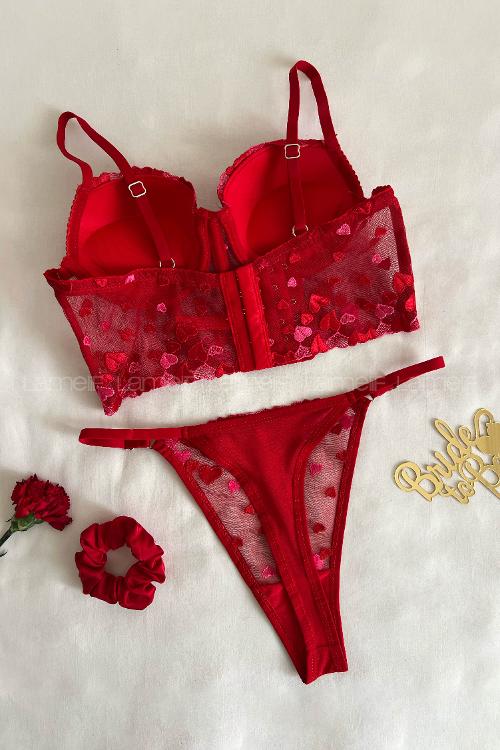 Lamelif Büstiyer Dantelli Nakışlı Destekli Takım