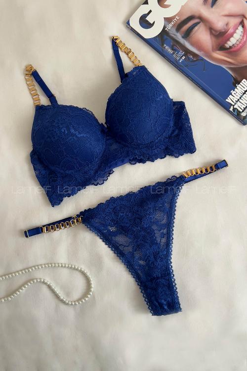 Lamelif Dantelli Destekli Sütyen Takım Saks Rengi