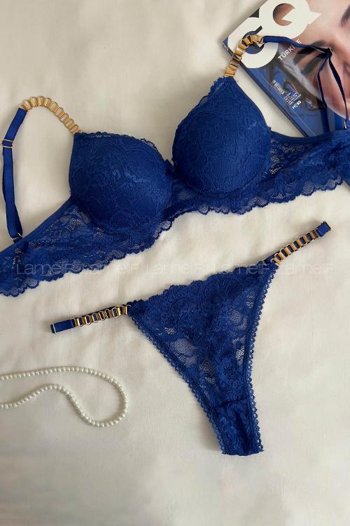 Lamelif Dantelli Destekli Sütyen Takım Saks Rengi