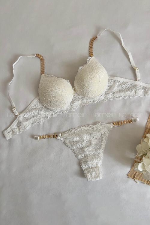 Lamelif Dantelli Destekli Sütyen Takım Saks Rengi