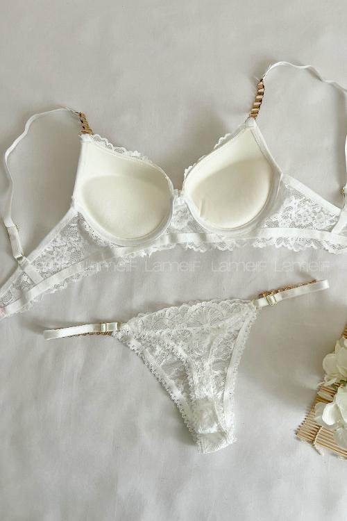 Lamelif Dantelli Destekli Sütyen Takım Saks Rengi