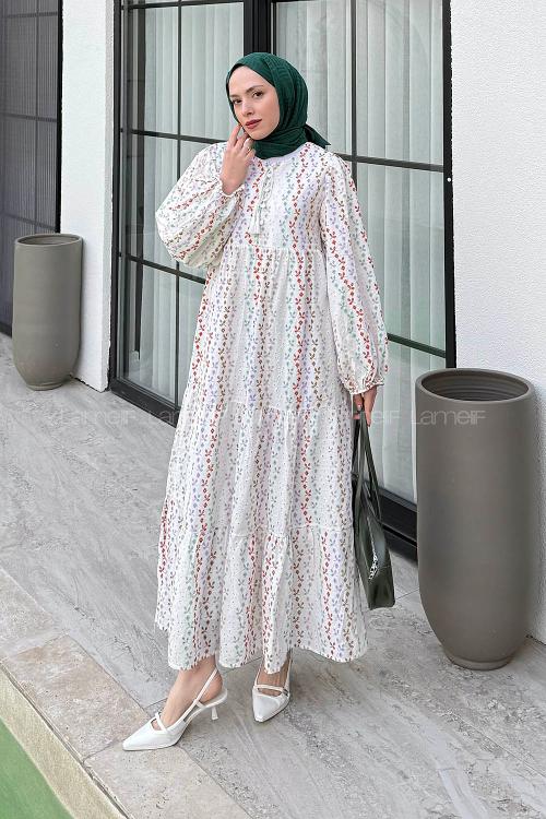 Lamelif Renkli Brode Detaylı Uzun Tesettür Elbise Beyaz
