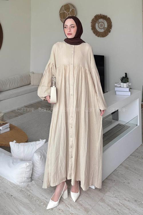 Lamelif Balon Kol Uzun Tesettür Elbise Krem