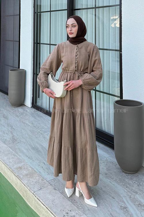 Lamelif Bel Büzgülü Tesettür Elbise Vizonrengi