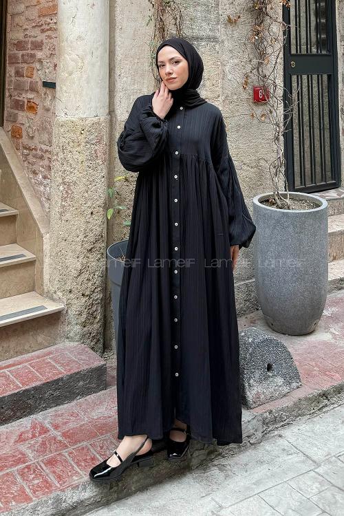 Lamelif Balon Kol Uzun Tesettür Elbise Siyah