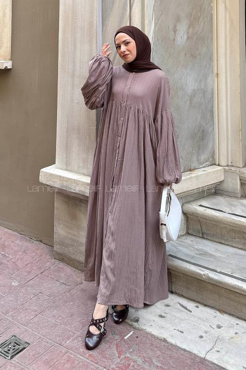 Lamelif Balon Kol Uzun Tesettür Elbise Soft Kahve
