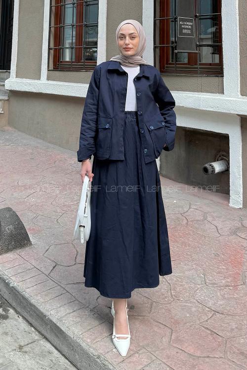 Lamelif Cep Detaylı İkili Etek  Tesettür Takım Lacivert