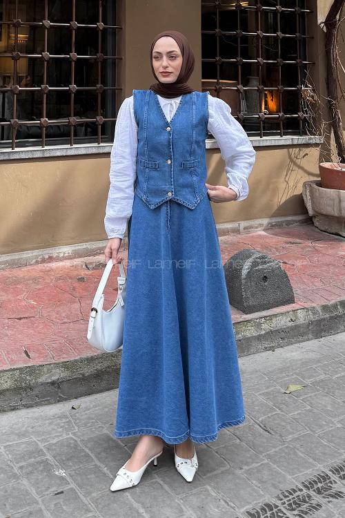 Lamelif Denim Yelek-Etek İkili Tesettür Takım Mavi