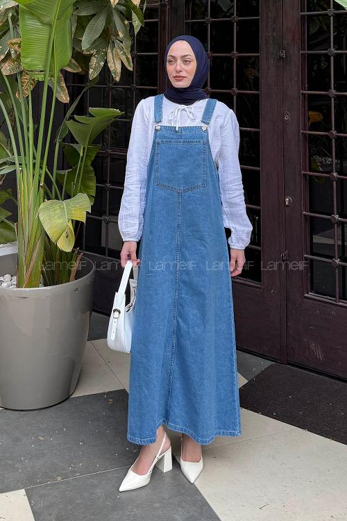 Lamelif Ön Cep Detaylı Denim Salopet Elbise Mavi