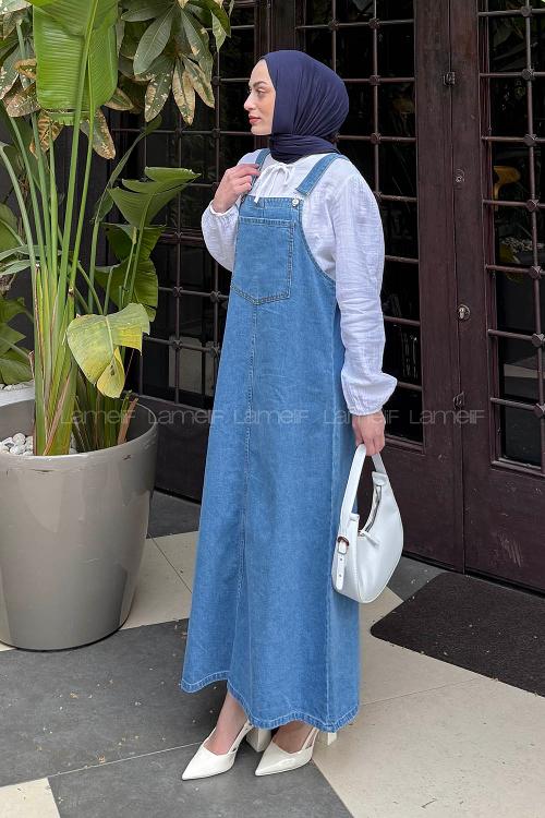 Lamelif Ön Cep Detaylı Denim Salopet Elbise Mavi