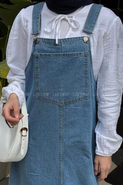 Lamelif Ön Cep Detaylı Denim Salopet Elbise Mavi