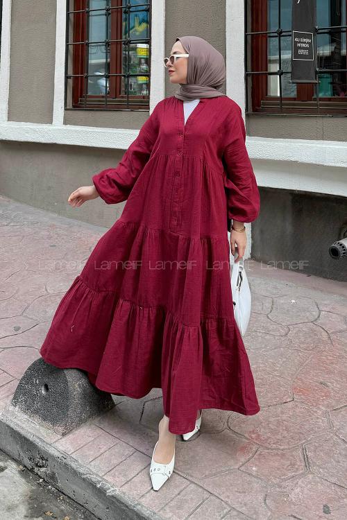 Claret Red Mandarin Collar Cotton Unprinted Dresess