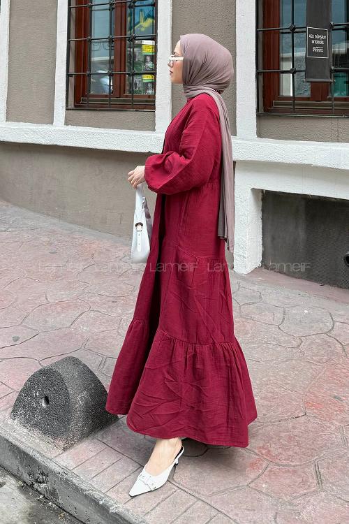 Claret Red Mandarin Collar Cotton Unprinted Dresess