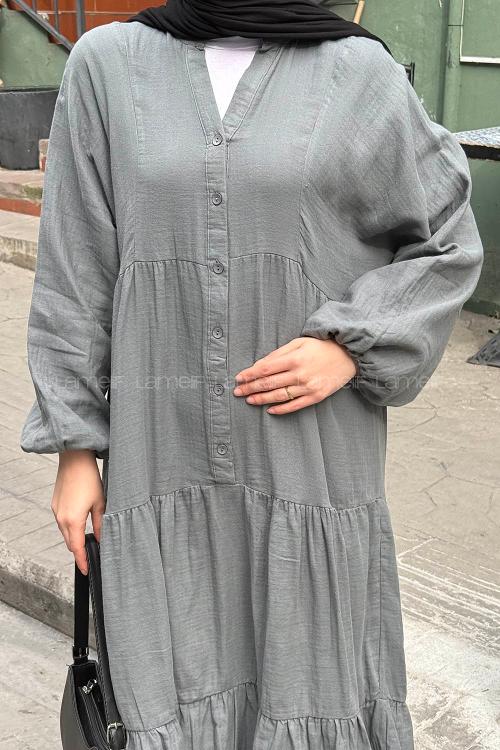Lamelif Ön Yarım Düğme Detaylı Müslin Kumaş Tesettür Elbise Gri