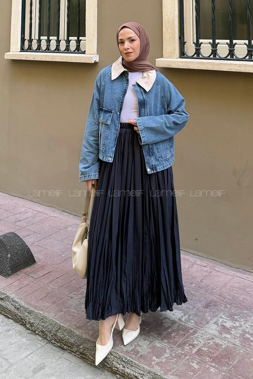 Lamelif Çıtçıtlı Krem Gömlek Yaka Detaylı Denim Ceket Kot Mavisi