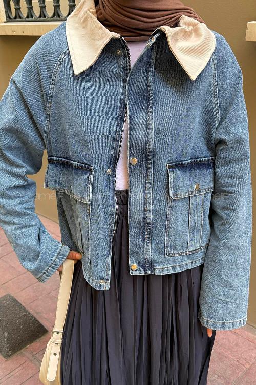 Lamelif Çıtçıtlı Krem Gömlek Yaka Detaylı Denim Ceket Kot Mavisi
