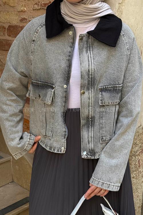 Lamelif Çıtçıtlı Siyah Gömlek Yaka Detaylı Denim Ceket Gri