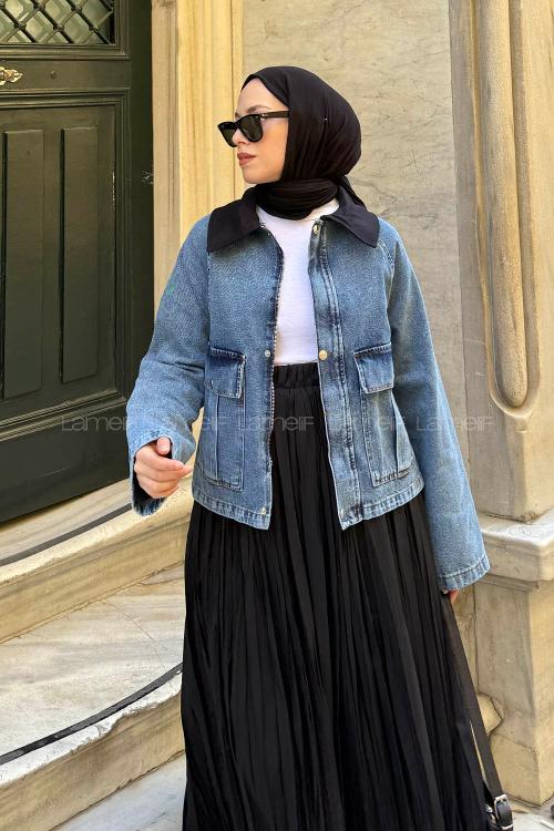 Lamelif Çıtçıtlı Siyah Gömlek Yaka Detaylı Denim Ceket Kot Mavisi