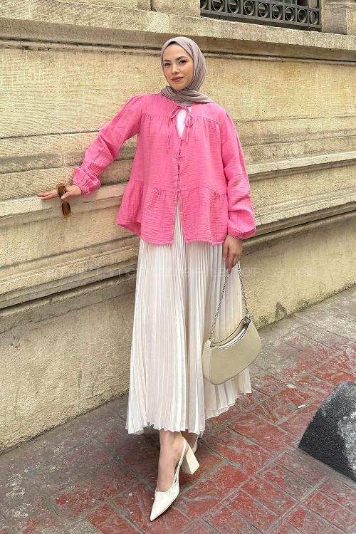 Lamelif V Yaka Kolları Lastikli Müslin Tesettür Gömlek Pembe