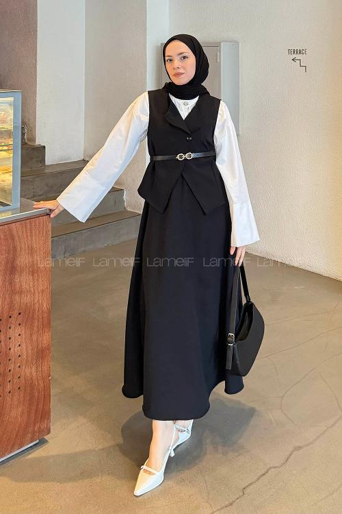 Lamelif Düğmeli Etek-Yelek Tesettür İkili Takım Siyah