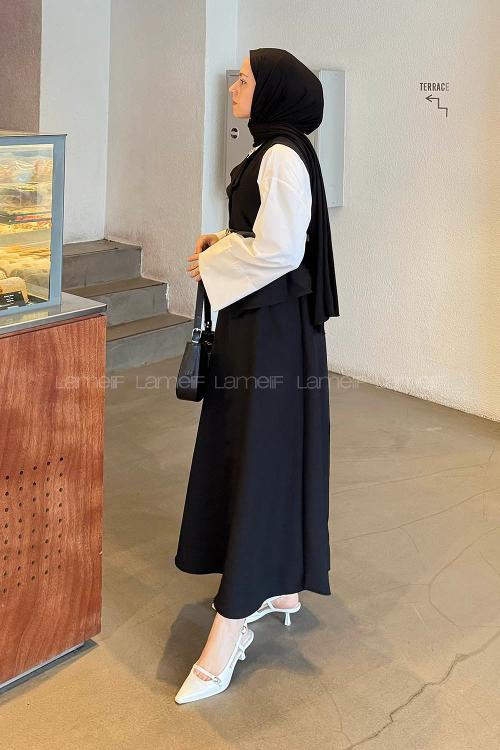 Lamelif Düğmeli Etek-Yelek Tesettür İkili Takım Siyah