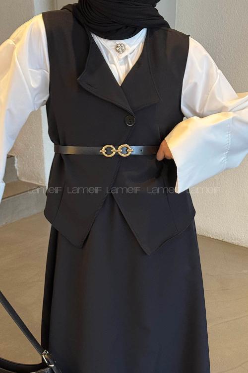 Lamelif Düğmeli Etek-Yelek Tesettür İkili Takım Siyah