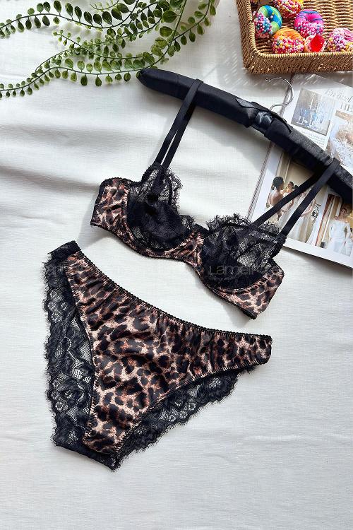 Lamelif Bralet Leopar Dantelli  Saten Takım Desteksiz