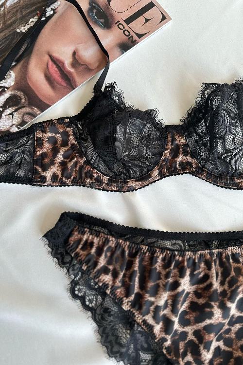 Lamelif Bralet Leopar Dantelli  Saten Takım Desteksiz