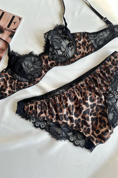 Lamelif Bralet Leopar Dantelli  Saten Takım Desteksiz