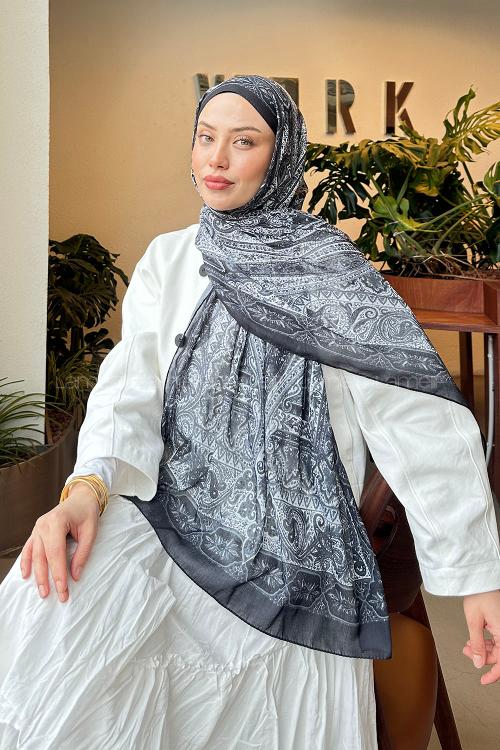 Lamelif Retro Desen Pamuk Şal Antrasit