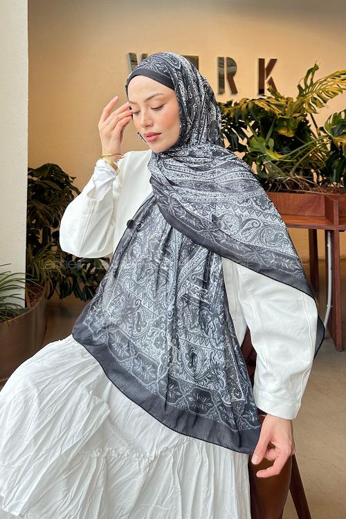 Lamelif Retro Desen Pamuk Şal Antrasit