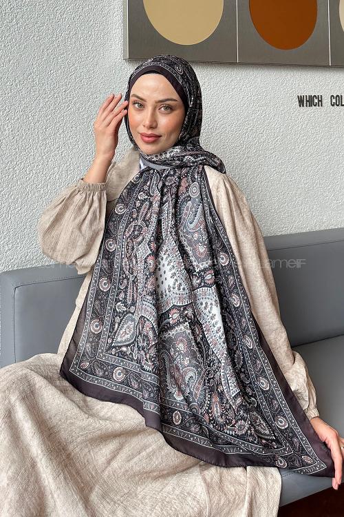 Lamelif Retro Desen Soft Şal Antrasit Pudra