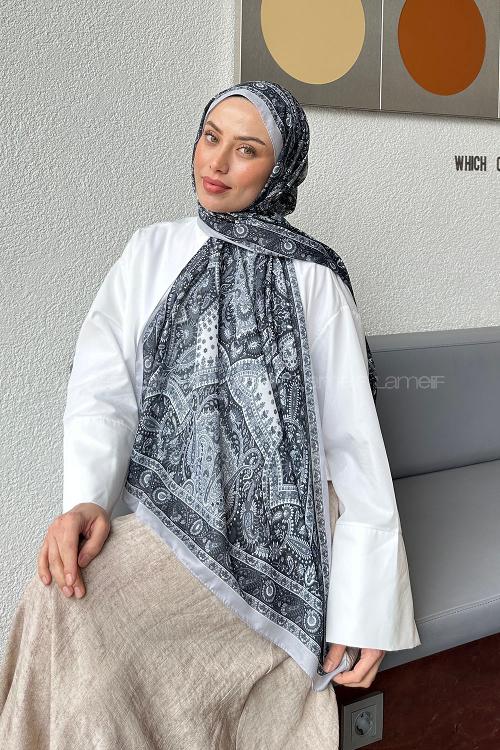 Lamelif Retro Desen Soft Şal Gri Siyah