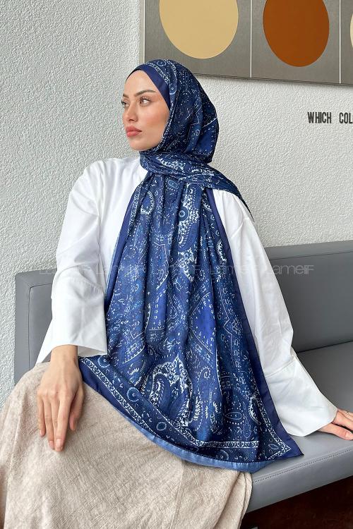 Lamelif Retro Desen Soft Şal İndigo