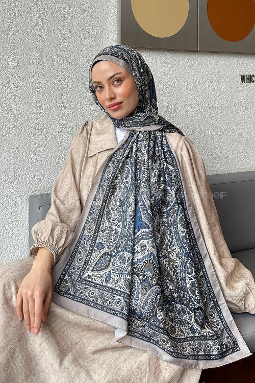 Lamelif Retro Desen Soft Şal Mavi Vizon