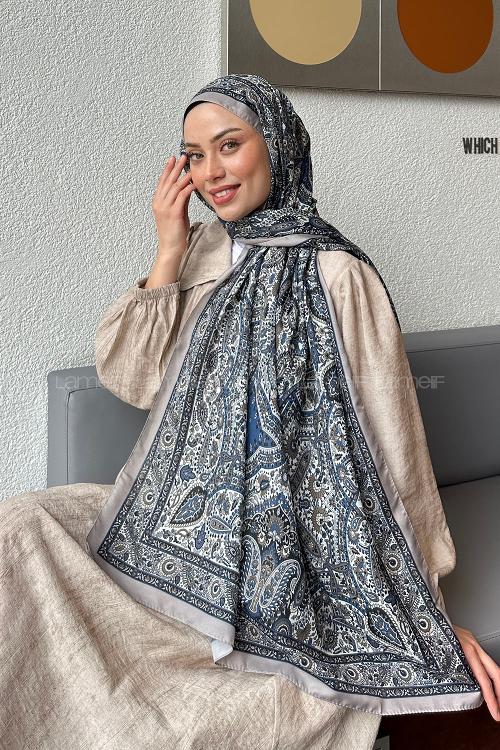 Lamelif Retro Desen Soft Şal Mavi Vizon