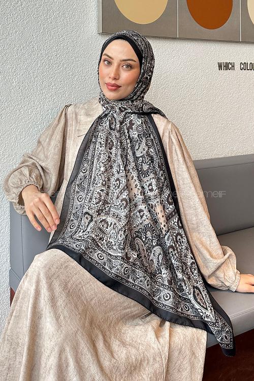 Lamelif Retro Desen Soft Şal Siyah Ekru