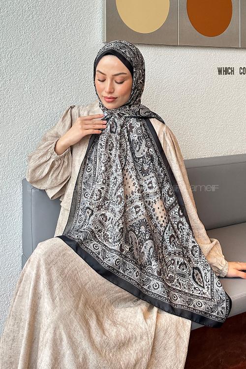 Lamelif Retro Desen Soft Şal Siyah Ekru