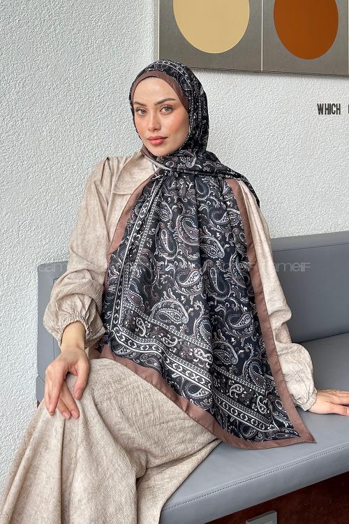 Lamelif Retro Desen Soft Şal Siyah Süttlü Kahve