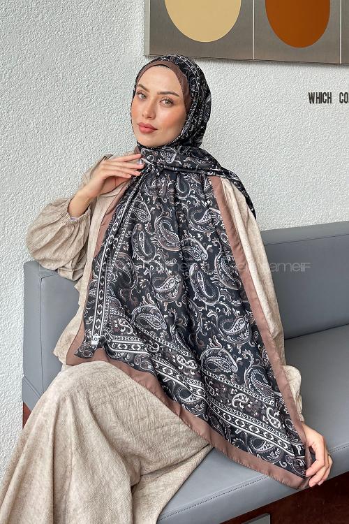 Lamelif Retro Desen Soft Şal Siyah Süttlü Kahve