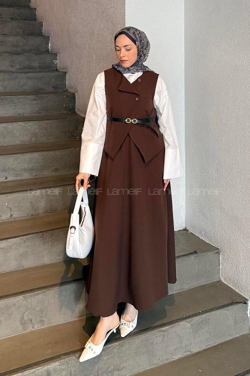 Lamelif Düğmeli Etek-Yelek Tesettür İkili Takım Acı Kahve