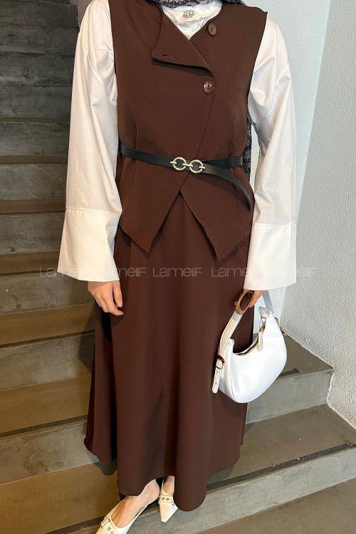 Lamelif Düğmeli Etek-Yelek Tesettür İkili Takım Acı Kahve