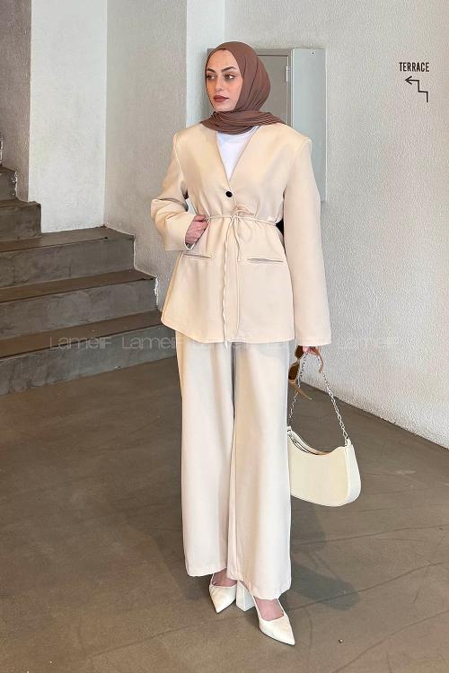 Kuşaklı Ceket Pantolon İkili Tesettür Takım Taş Rengi