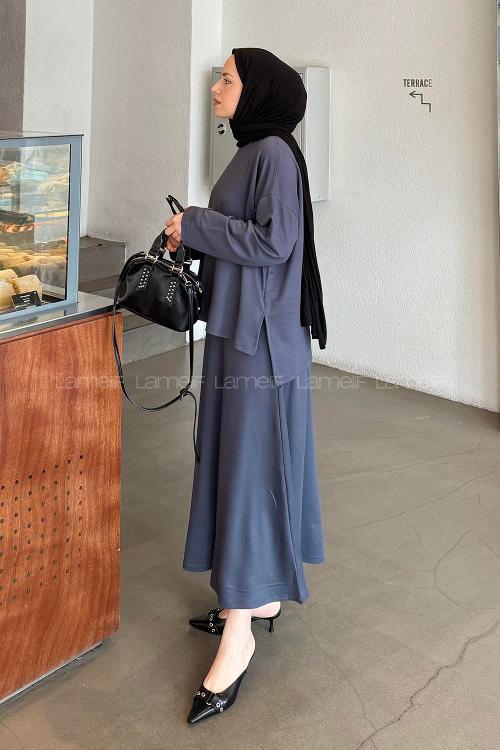Lamelif Kristal Kloş Etekli Tesettür Takım Antrasit