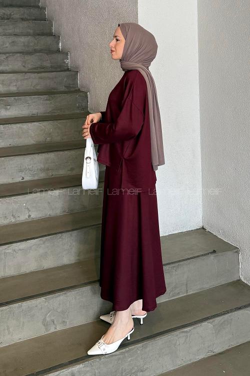 Lamelif Kristal Kloş Etekli Tesettür Takım Bordo