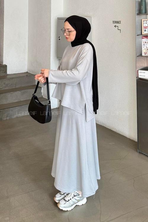 Lamelif Kristal Kloş Etekli Tesettür Takım Gri