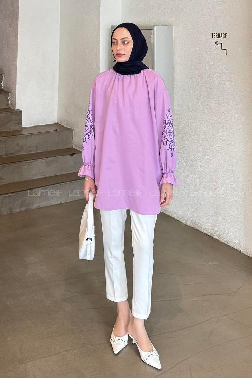 Lamelif Kol Baskılı Tunik Lila
