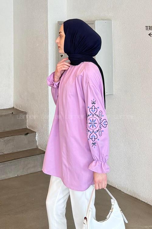 Lamelif Kol Baskılı Tunik Lila