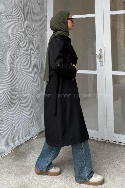 Lamelif Bağlama Detaylı Trenç Siyah