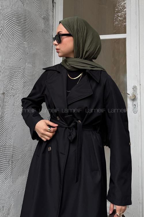 Lamelif Bağlama Detaylı Trenç Siyah
